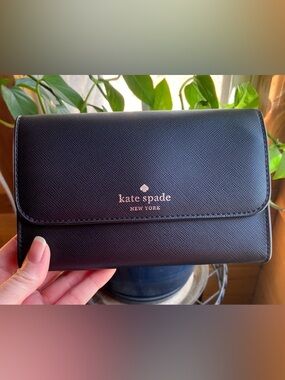 Kate Spade Black Leather Clutch & Crossbody Wallet with Strap & Gold Logo NWOT